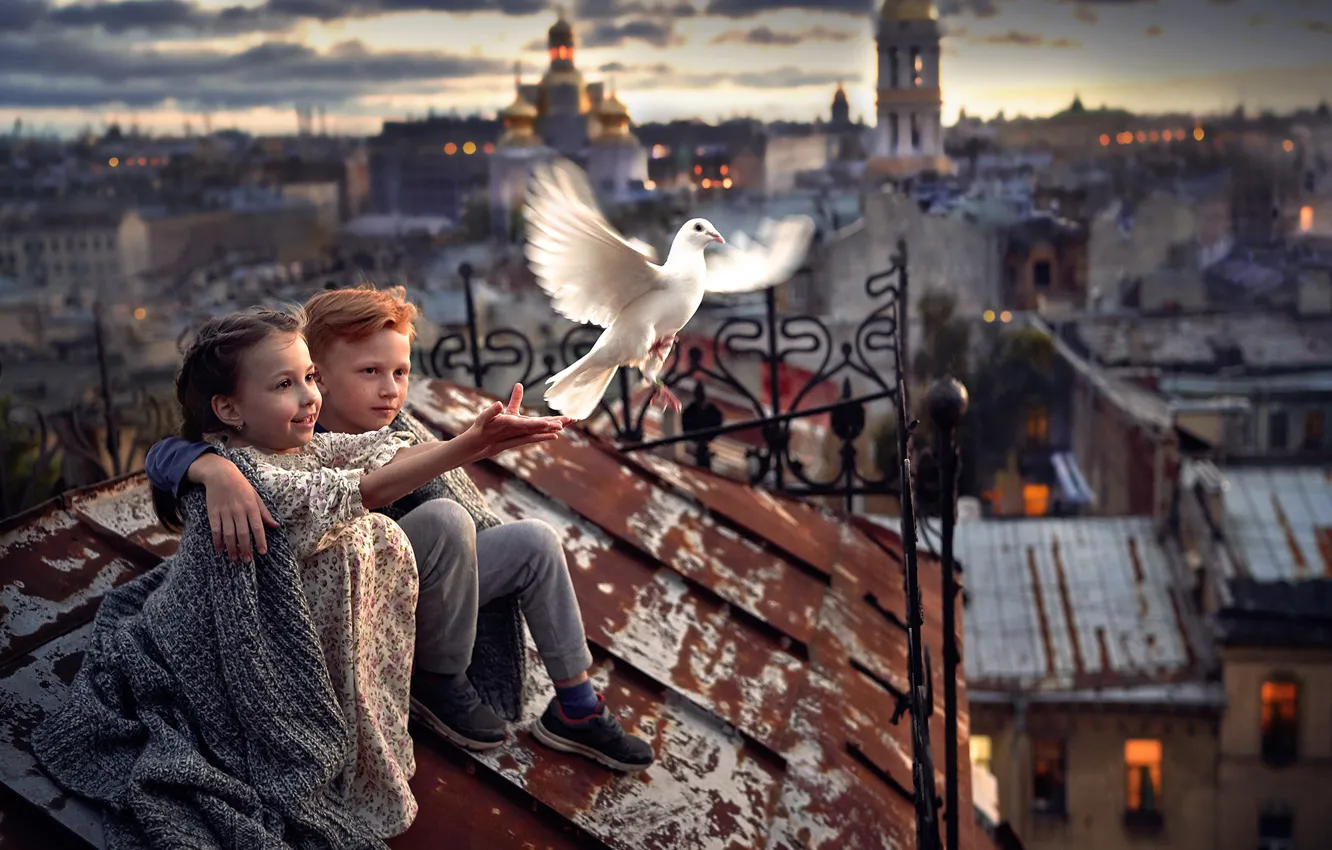Photo wallpaper children, the city, bird, boy, friendship, girl, friends, on the roof, white dove