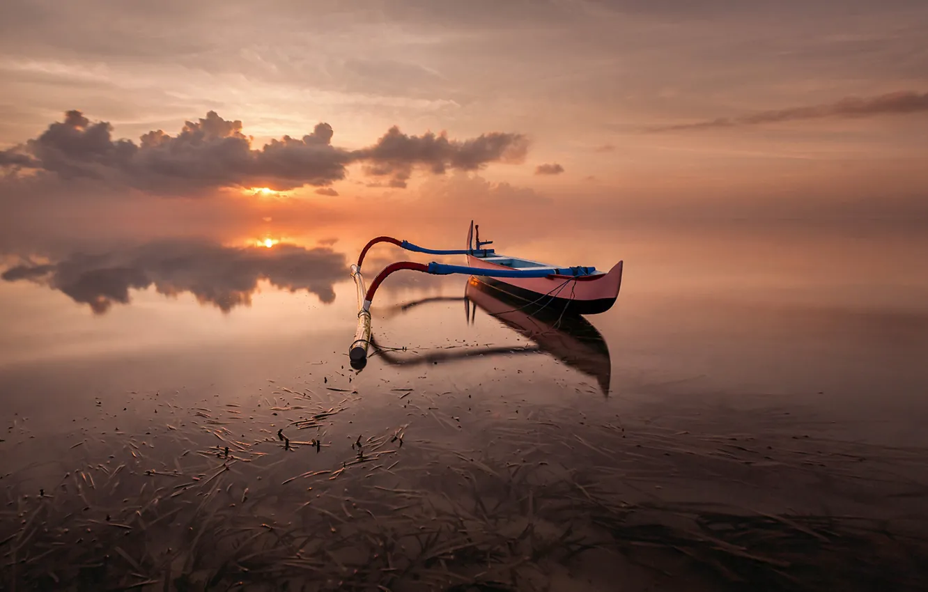 Photo wallpaper sea, sunset, boat, calm