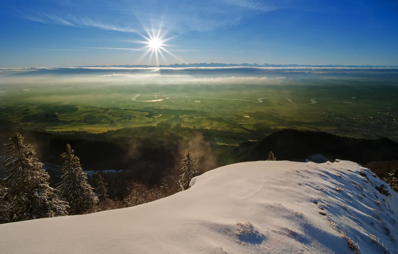 Photo wallpaper winter, the sun, snow, valley, haze