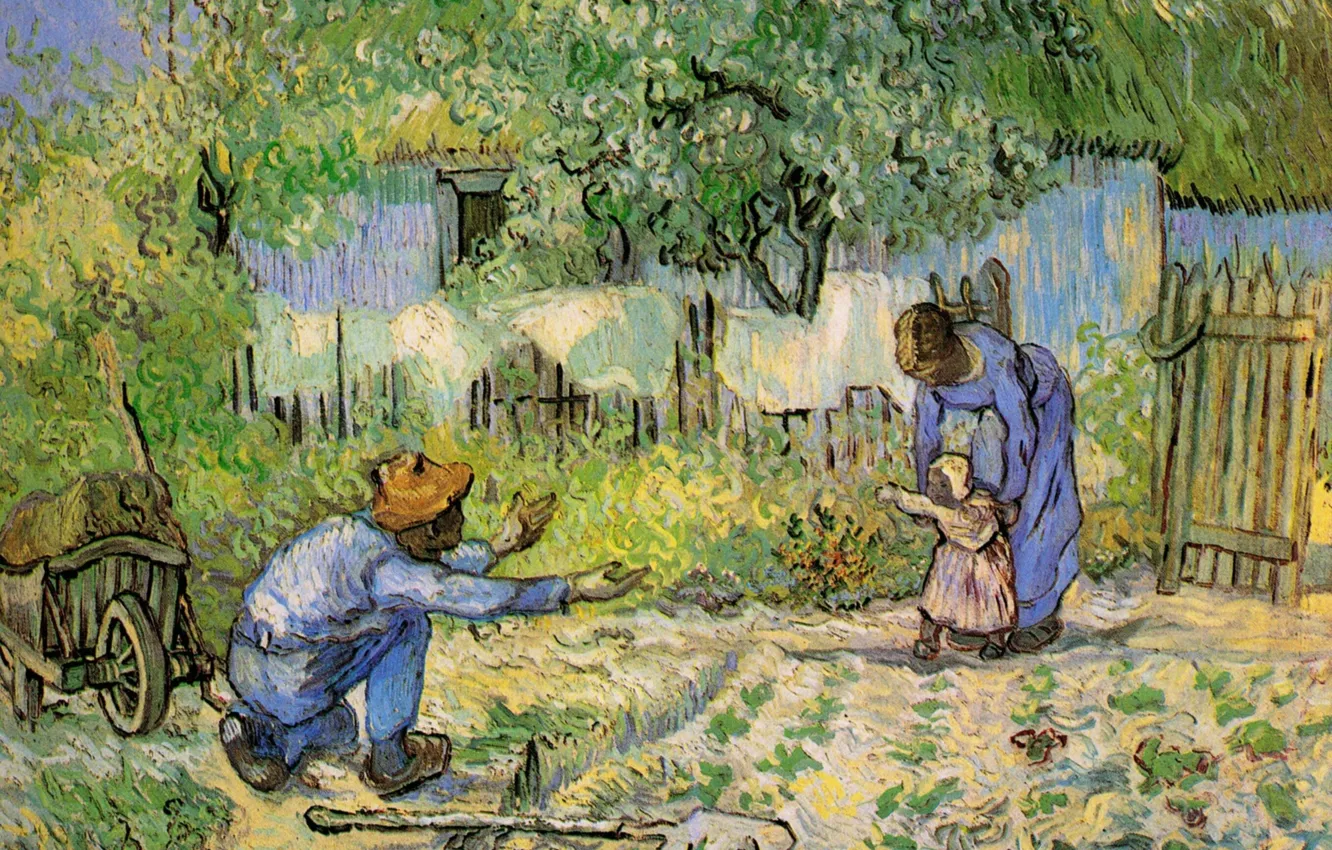 Wallpaper joy, father, shovel, mother, return, daughter, Vincent van Gogh,  First Steps, after Millet images for desktop, section живопись - download