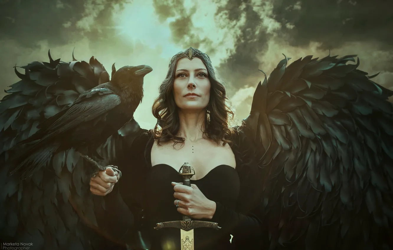 Photo wallpaper girl, bird, wings, sword, warrior, Marketa Novak, Lenka Odehnalová, black raven