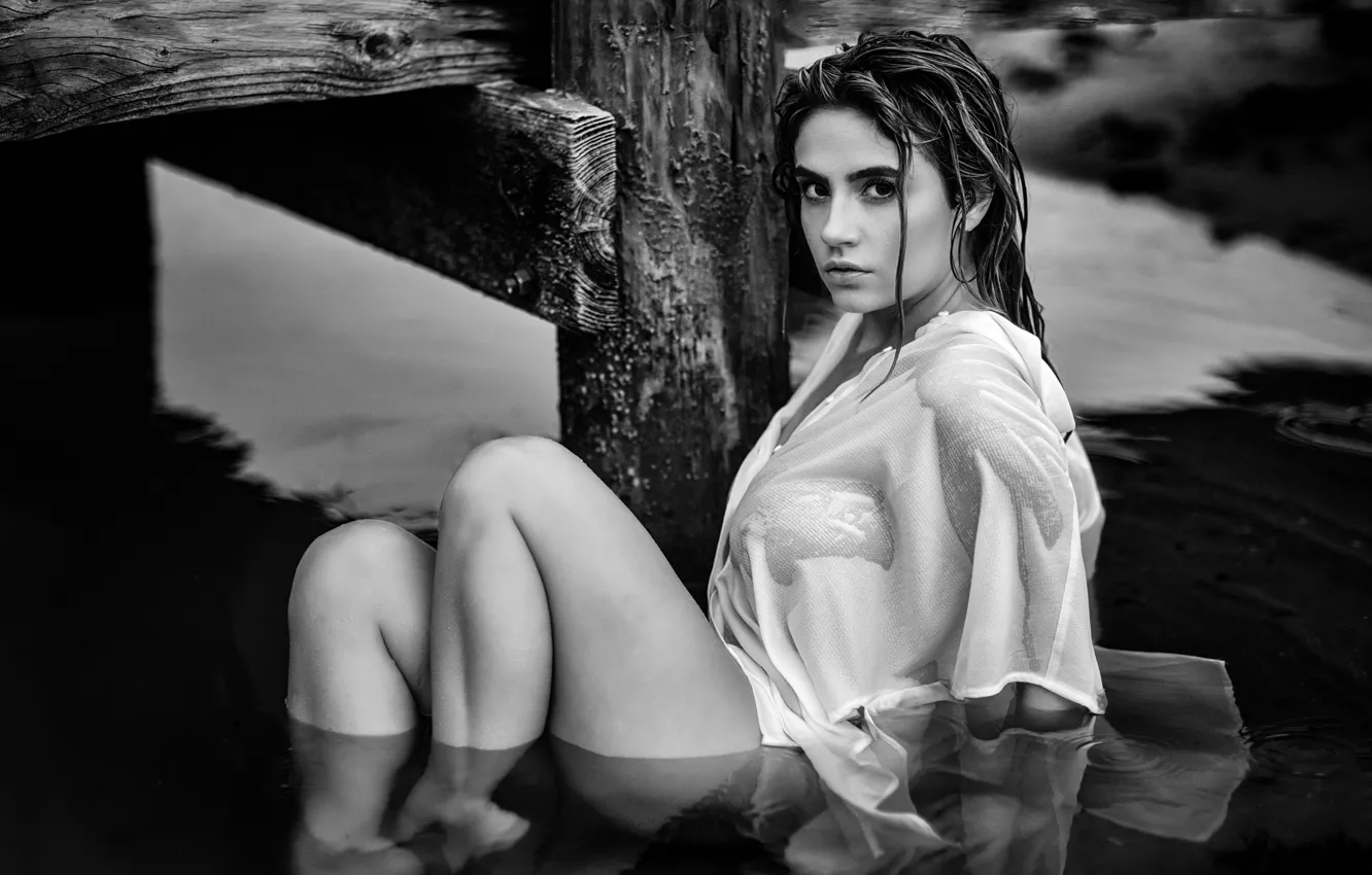 Photo wallpaper look, water, girl, pose, feet, wet, black and white, monochrome, Christopher Rankin