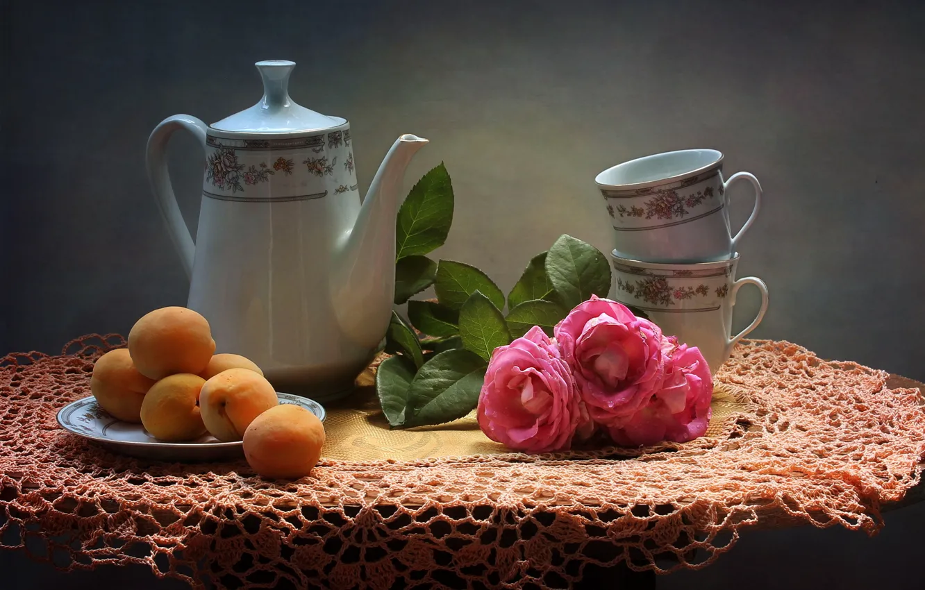 Photo wallpaper flowers, table, roses, kettle, plate, Cup, fruit, still life, tablecloth, apricots