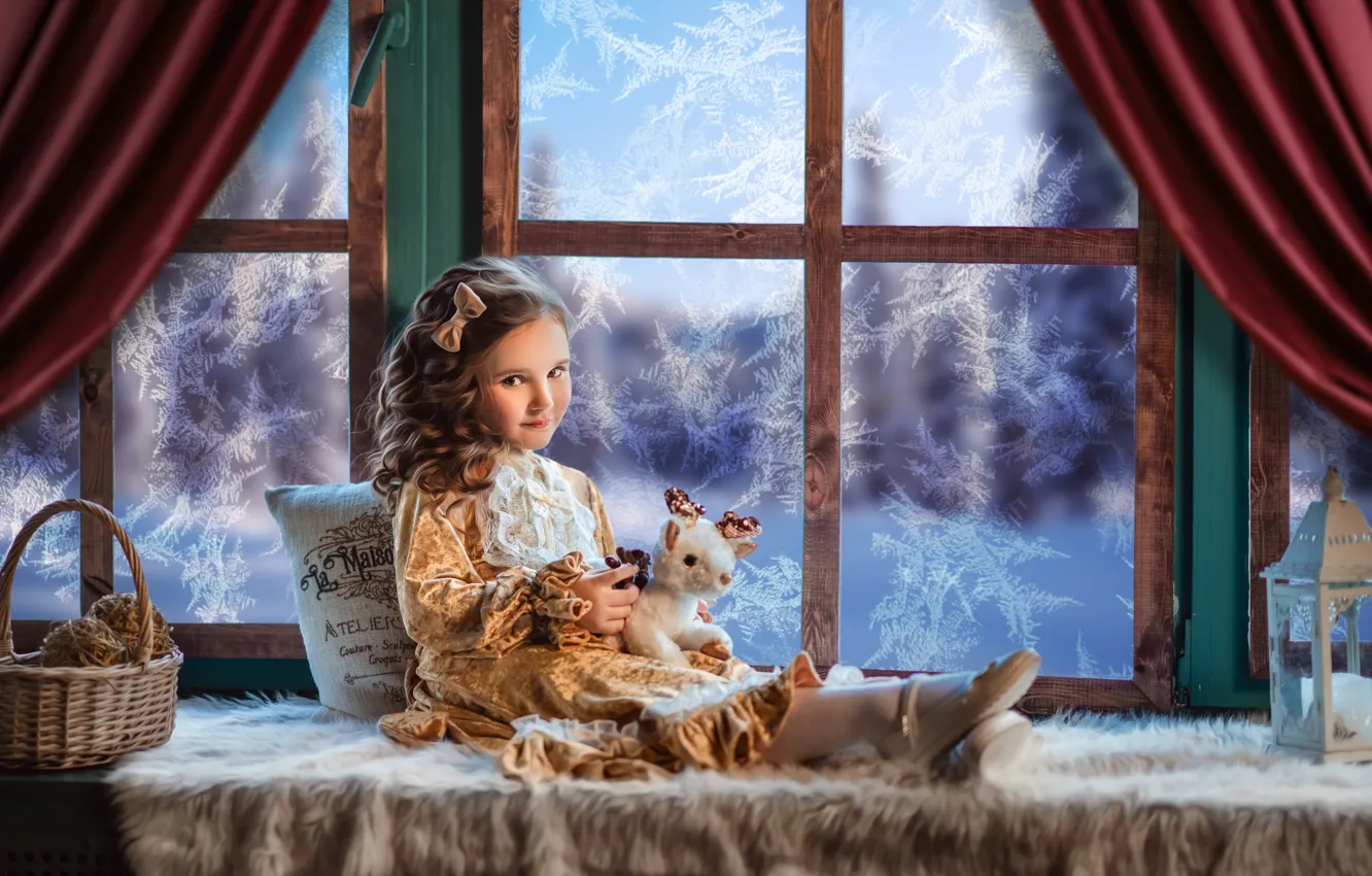 Photo wallpaper toy, dress, window, frost, girl, lantern, pillow, basket, bow, curls, on the windowsill, Диана Липкина