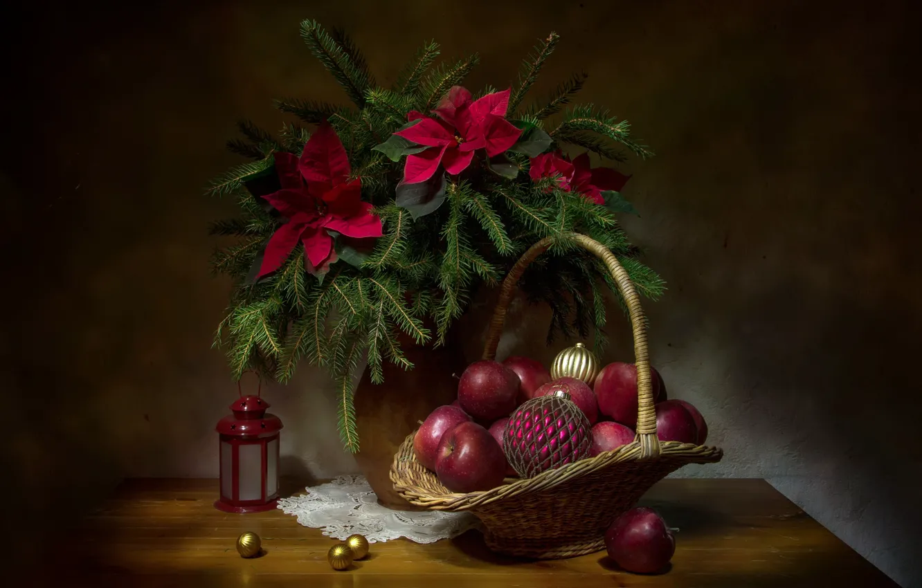 Photo wallpaper balls, balls, apples, Christmas, lantern, New year, still life, basket, spruce branches, Татьяна Феденкова