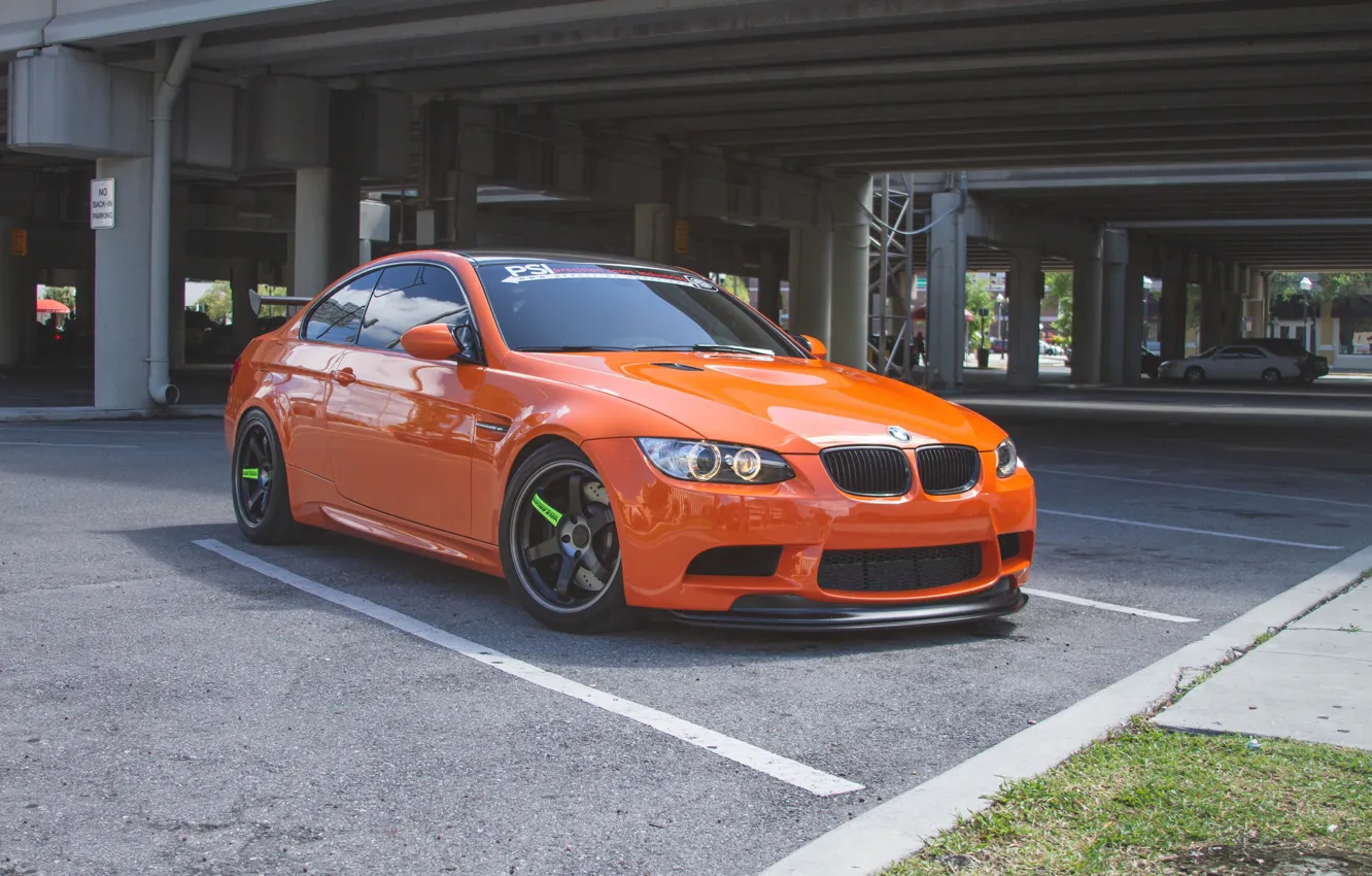 Photo wallpaper BMW, E92, GTS, Parking, Wheels, Fire Orange, M3, Carbon lip