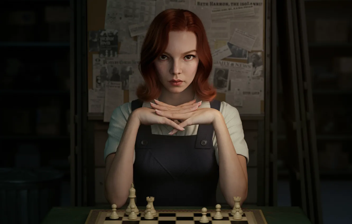 Photo wallpaper chess, redhead, looking at viewer, 2021, Beth Harmon