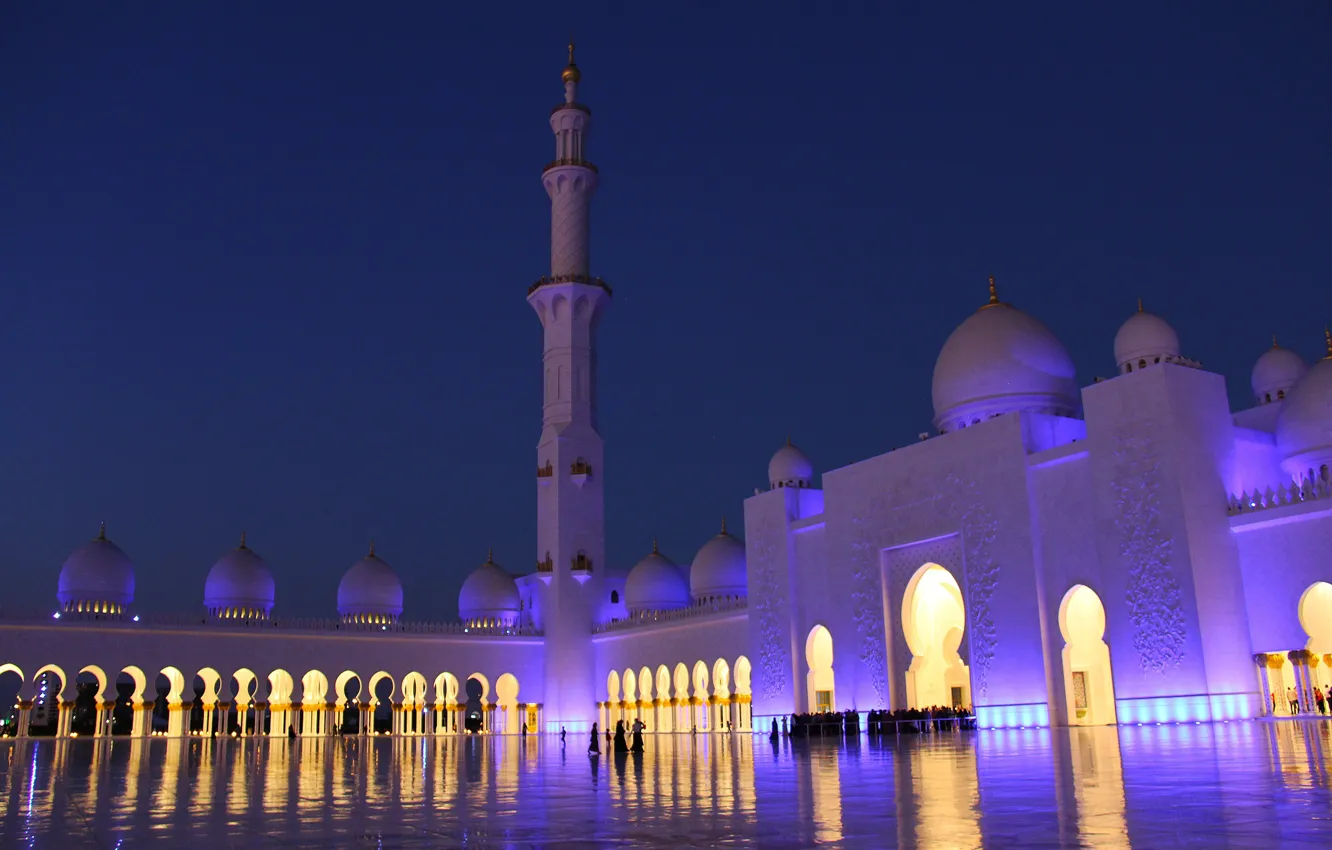 Photo wallpaper the city, the evening, area, mosque, architecture, religion, UAE, dome, The Sheikh Zayed Grand mosque, …