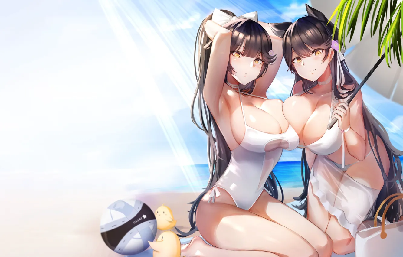 Photo wallpaper sexy, cleavage, beach, long hair, sea, girls, boobs, anime, beautiful, pretty, brunette, swimsuit, breasts, big …