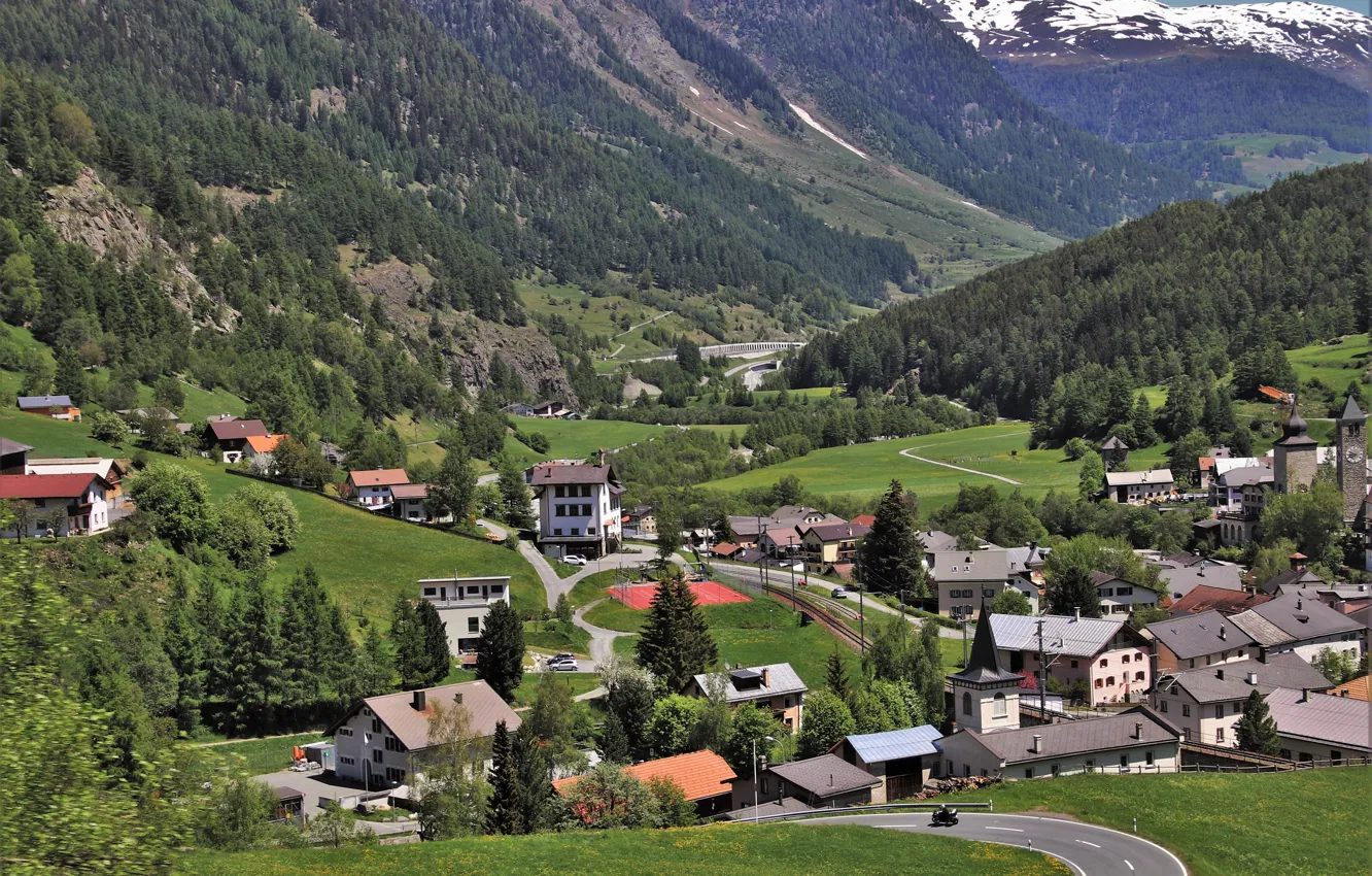 Photo wallpaper mountains, Switzerland, Alps, houses