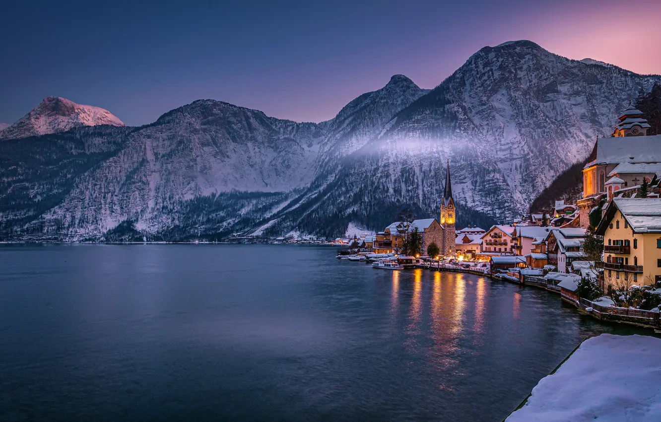 Photo wallpaper winter, mountains, lake, building, home, Austria, Alps, Austria, Hallstatt, Alps, Lake Hallstatt, Hallstatt, Lake Hallstatt, …