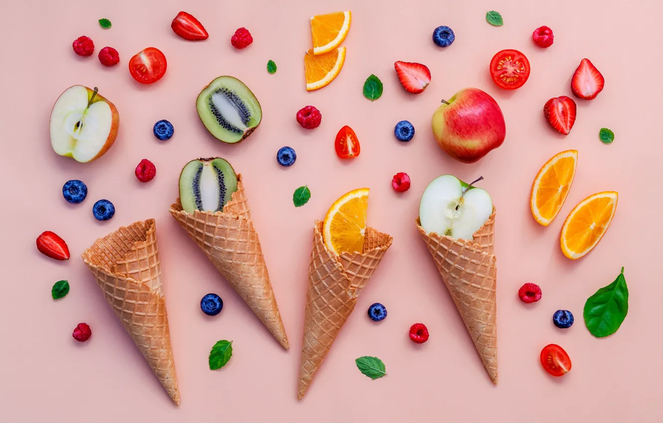 Photo wallpaper berries, colorful, ice cream, fruit, horn, fruit, berries, ice cream, cone