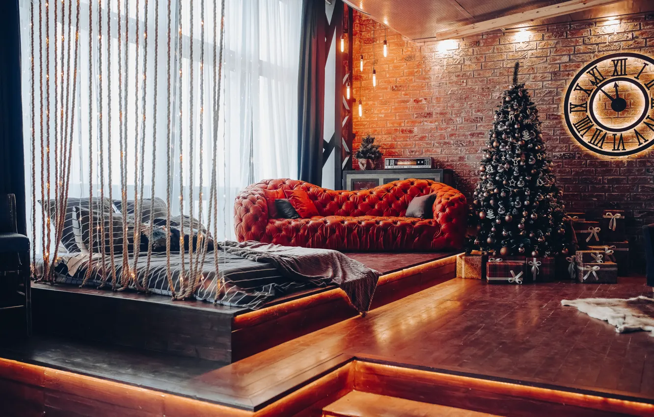 Photo wallpaper sofa, tree, Christmas, gifts, New year, new year, Christmas, design, room, interior, sofa, decoration, gift …