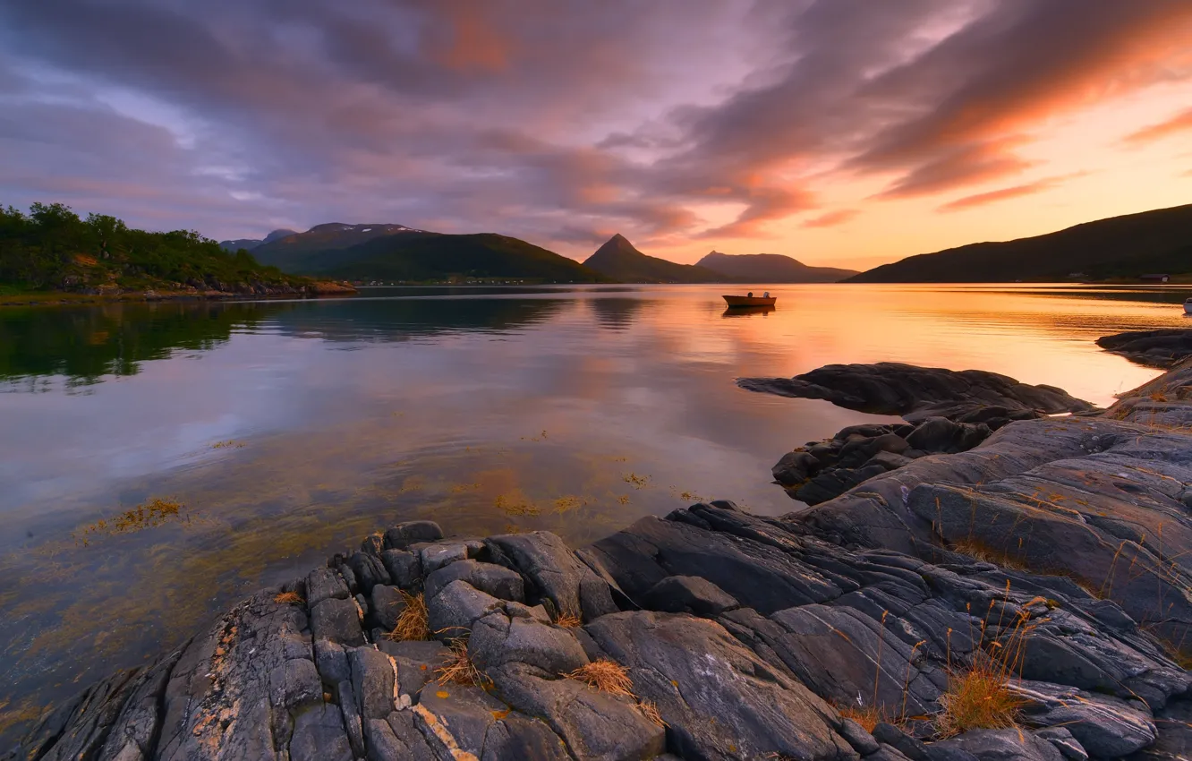 Photo wallpaper mountains, nature, stones, dawn, boat, morning, Bay, the fjord, Maxim Evdokimov
