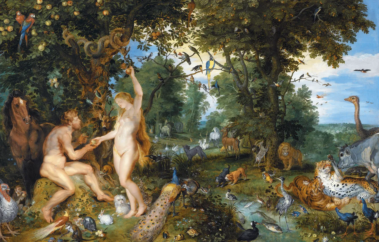 Photo wallpaper the sky, trees, birds, animals, Paradise, Apple, Peter Paul Rubens, эдемский сад, первородного грех, 1615 …