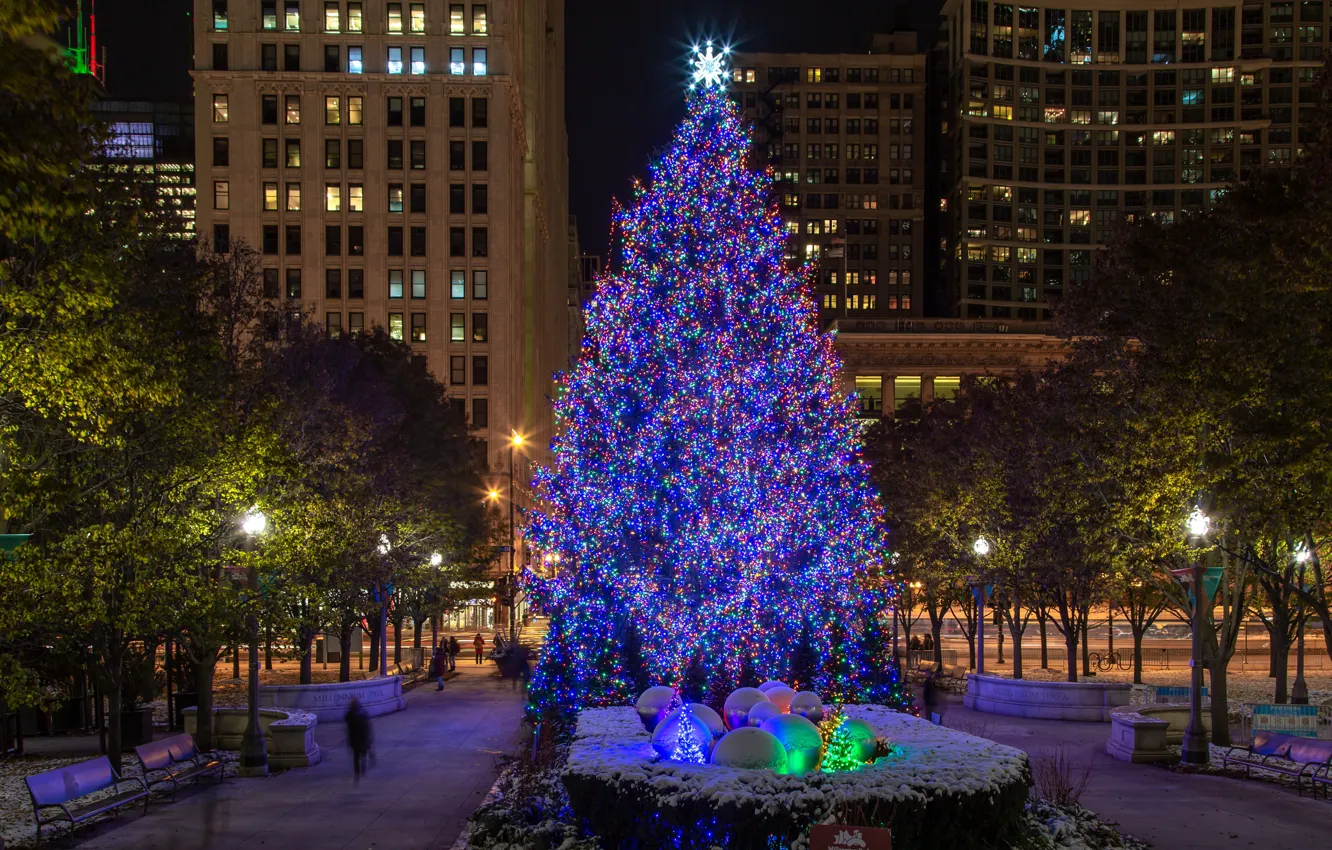 Photo wallpaper the city, photo, Home, The evening, The city, Chicago, New year, Tree, USA, Street lights