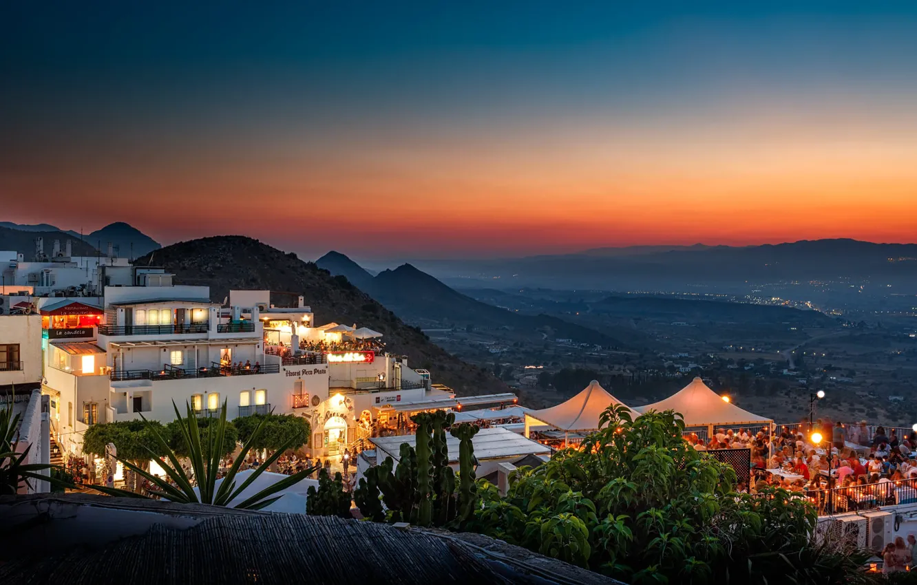 Photo wallpaper landscape, mountains, the city, home, the evening, lighting, Spain, apartments, Andalusia, Mojacar