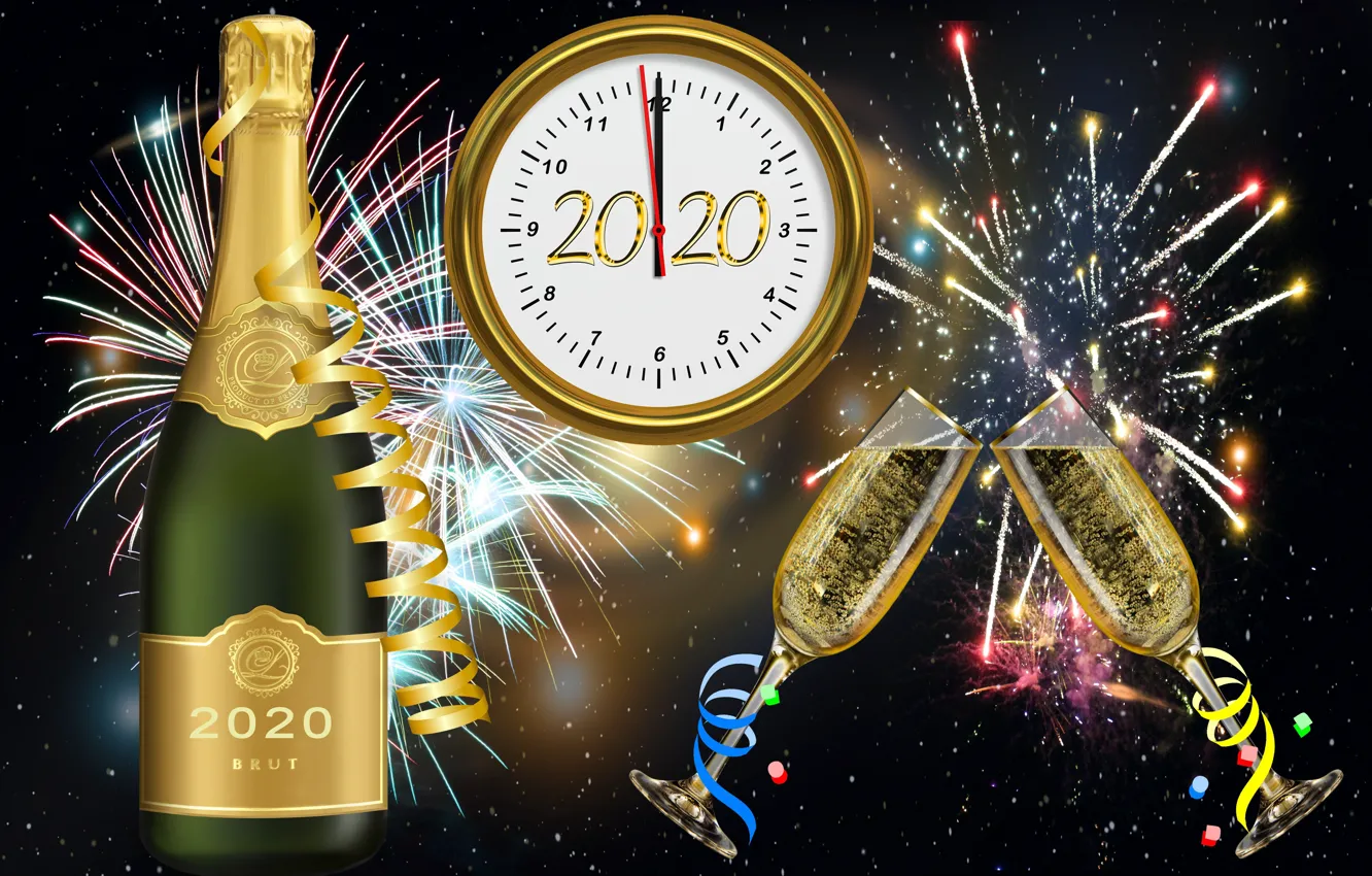 Photo wallpaper New year, fireworks, dial, champagne, glasses, 2020