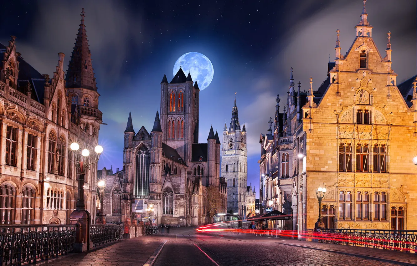 Photo wallpaper road, night, the city, the moon, street, building, lights, Cathedral, tower, Belgium, Ghent
