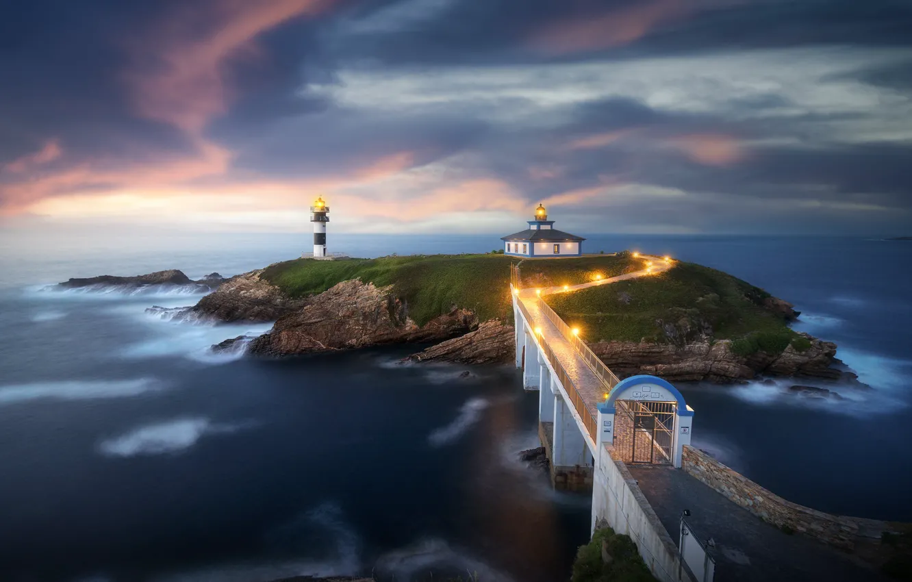 Photo wallpaper sea, bridge, lighthouse, island, Spain, Spain, Ribadeo, Galicia, Galicia, Pancha Island, Ribadeo, Кантабрийское море, Маяк …