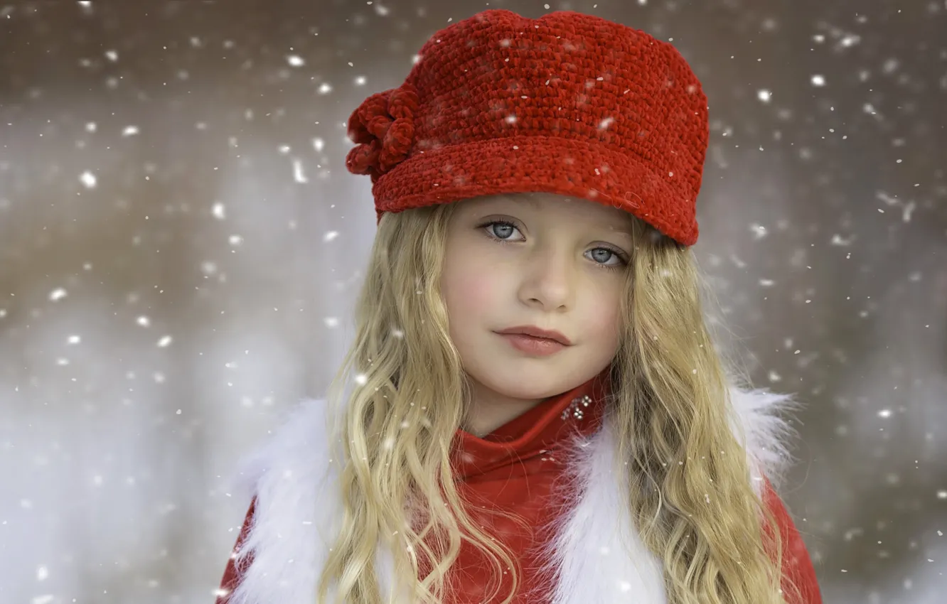 Photo wallpaper winter, look, snow, face, mood, clothing, tenderness, child, portrait, blonde, girl, beautiful, red, grey eyes, …