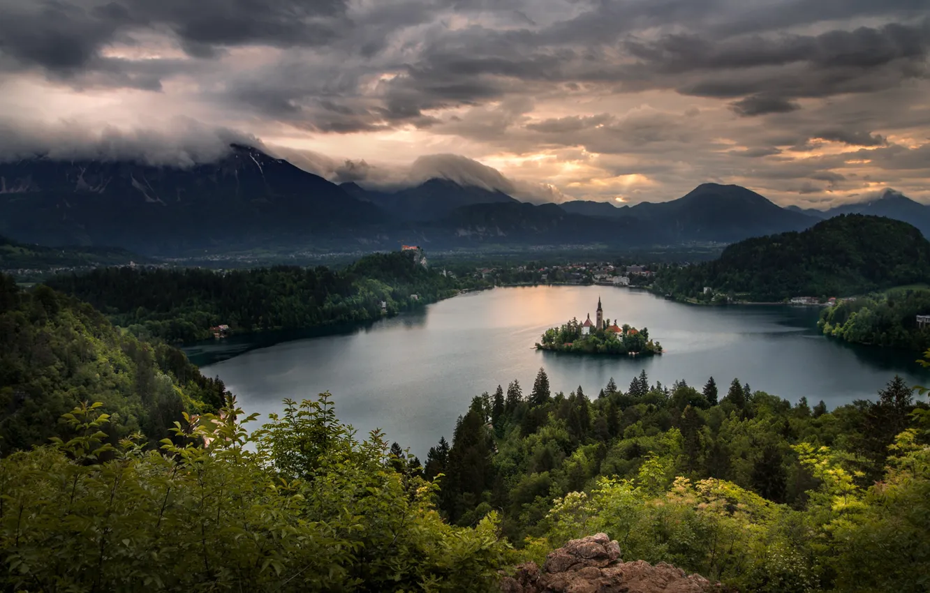 Photo wallpaper clouds, landscape, mountains, clouds, nature, lake, dawn, morning, chapel, island, forest, Slovenia, Bled