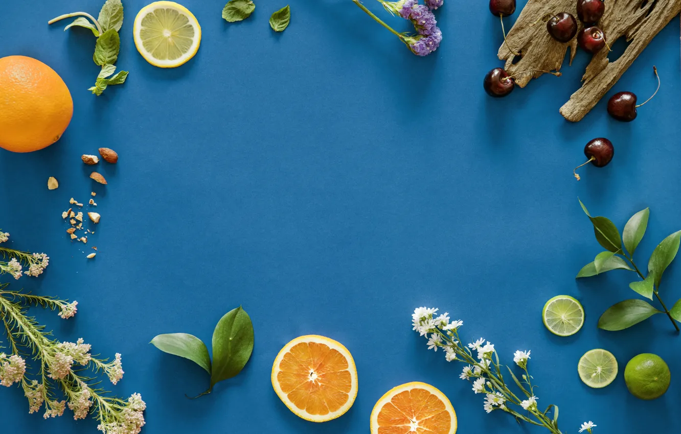 Photo wallpaper flowers, blue, cherry, background, orange, lime, fruit, slices