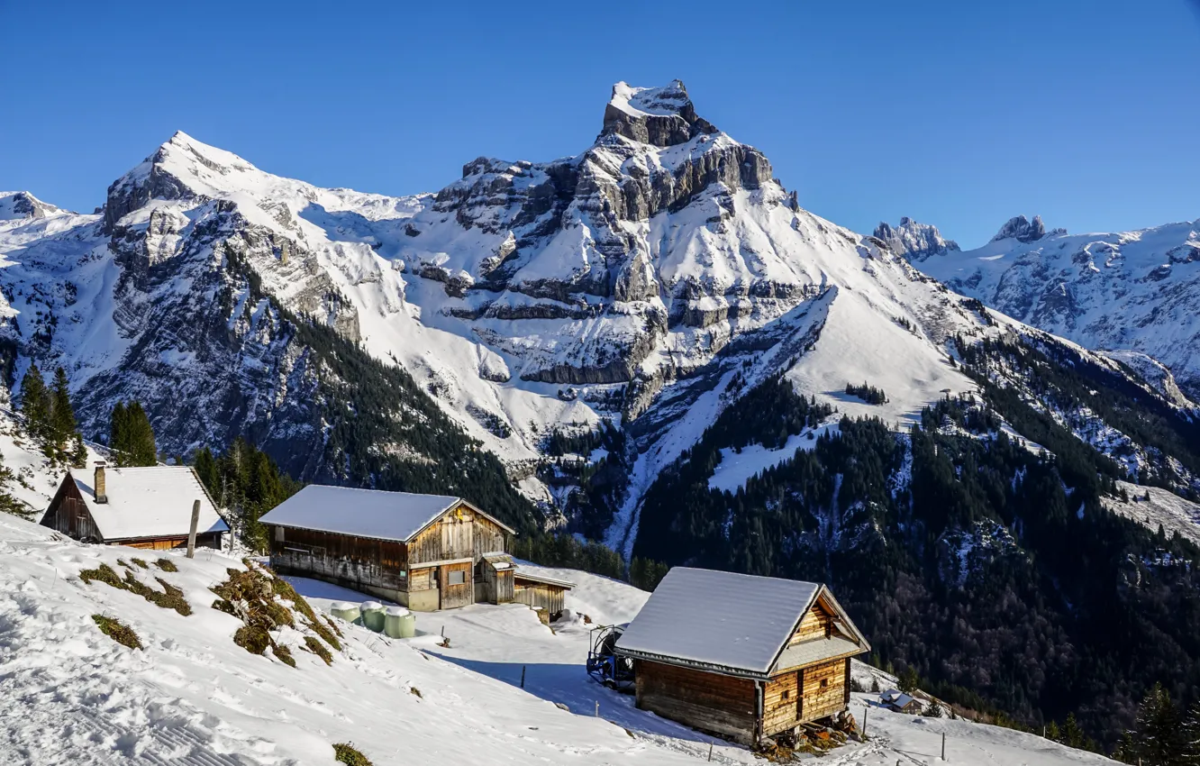 Photo wallpaper winter, snow, mountains, Switzerland, Alps, houses
