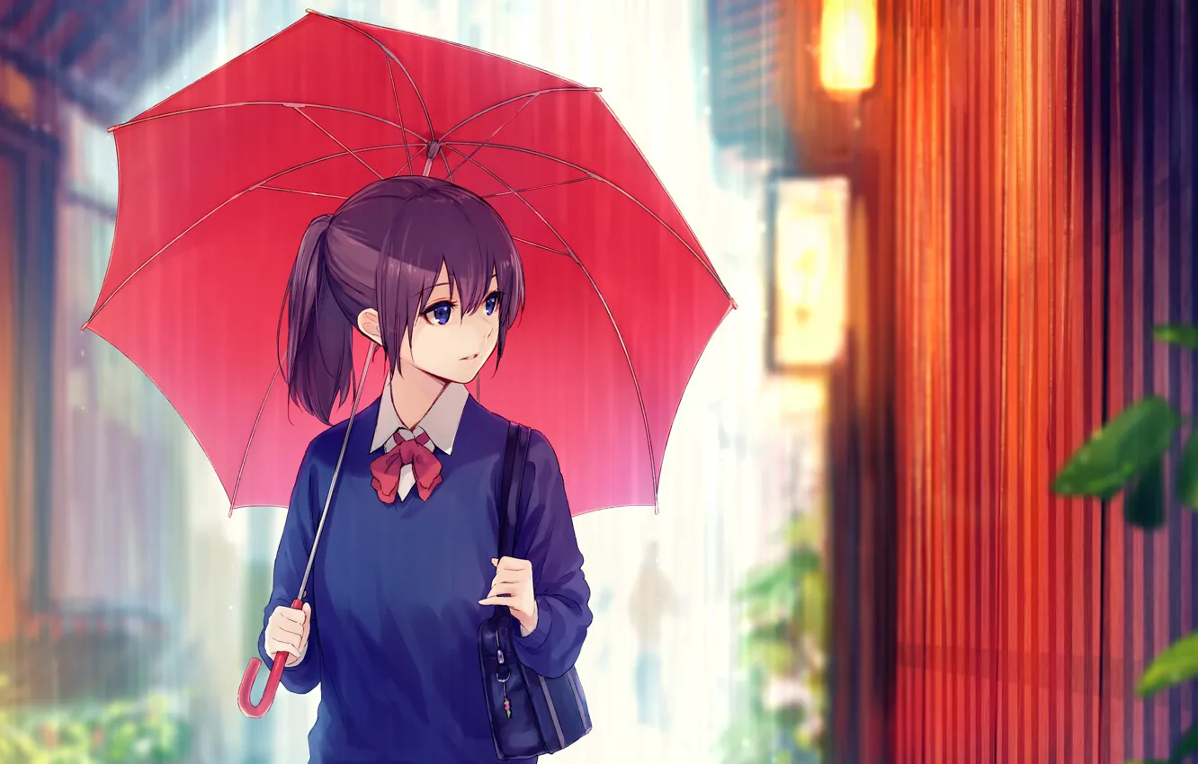 Photo wallpaper the rain, the fence, schoolgirl, bag, on the street, red umbrella, under the umbrella