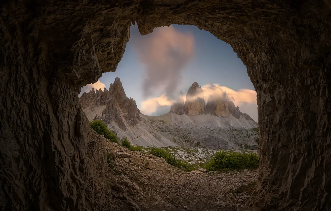 Photo wallpaper the sky, clouds, landscape, mountains, nature, Italy, the grotto, The three Peaks of Lavaredo, The …