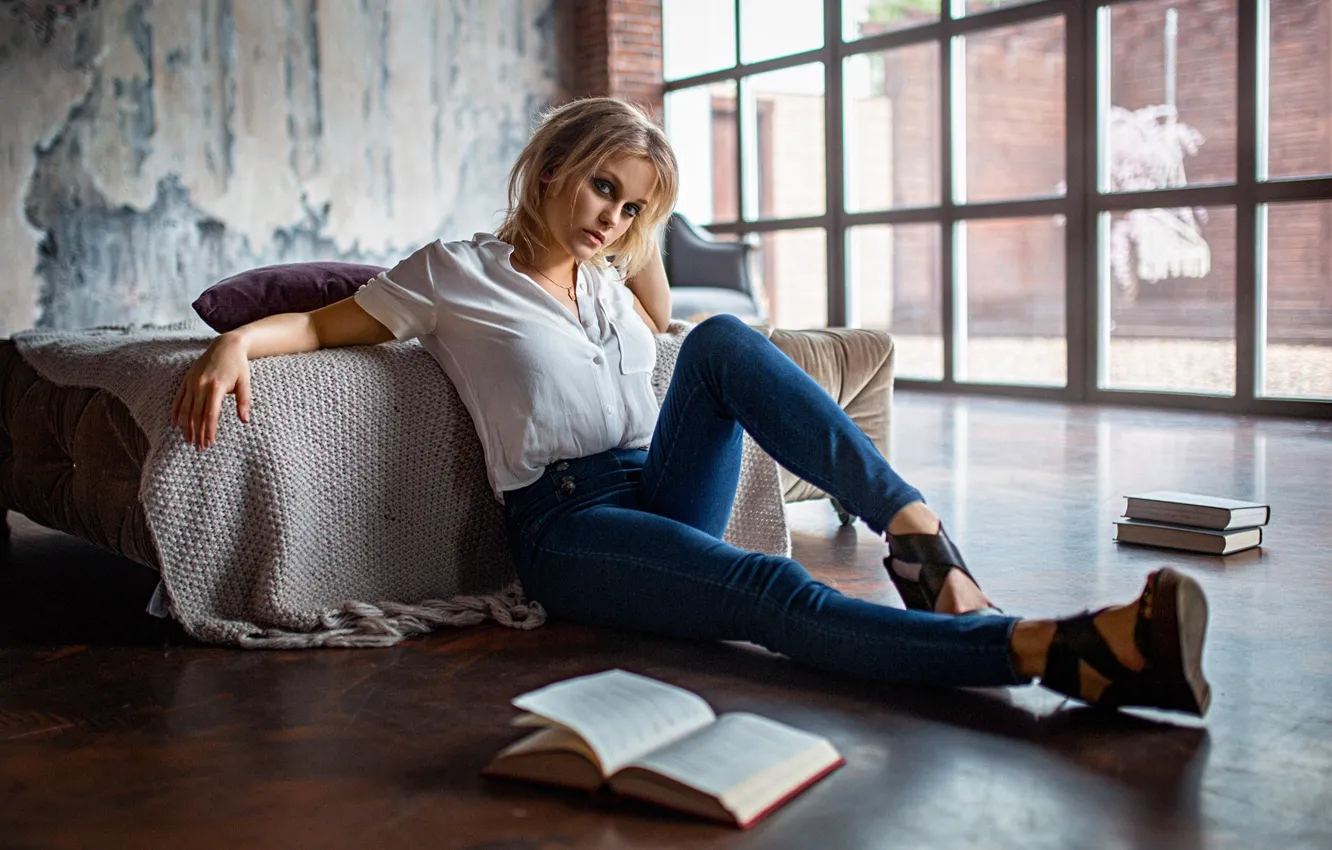 Photo wallpaper girl, pose, books, jeans, Anya, on the floor, Alexander Kurennoy