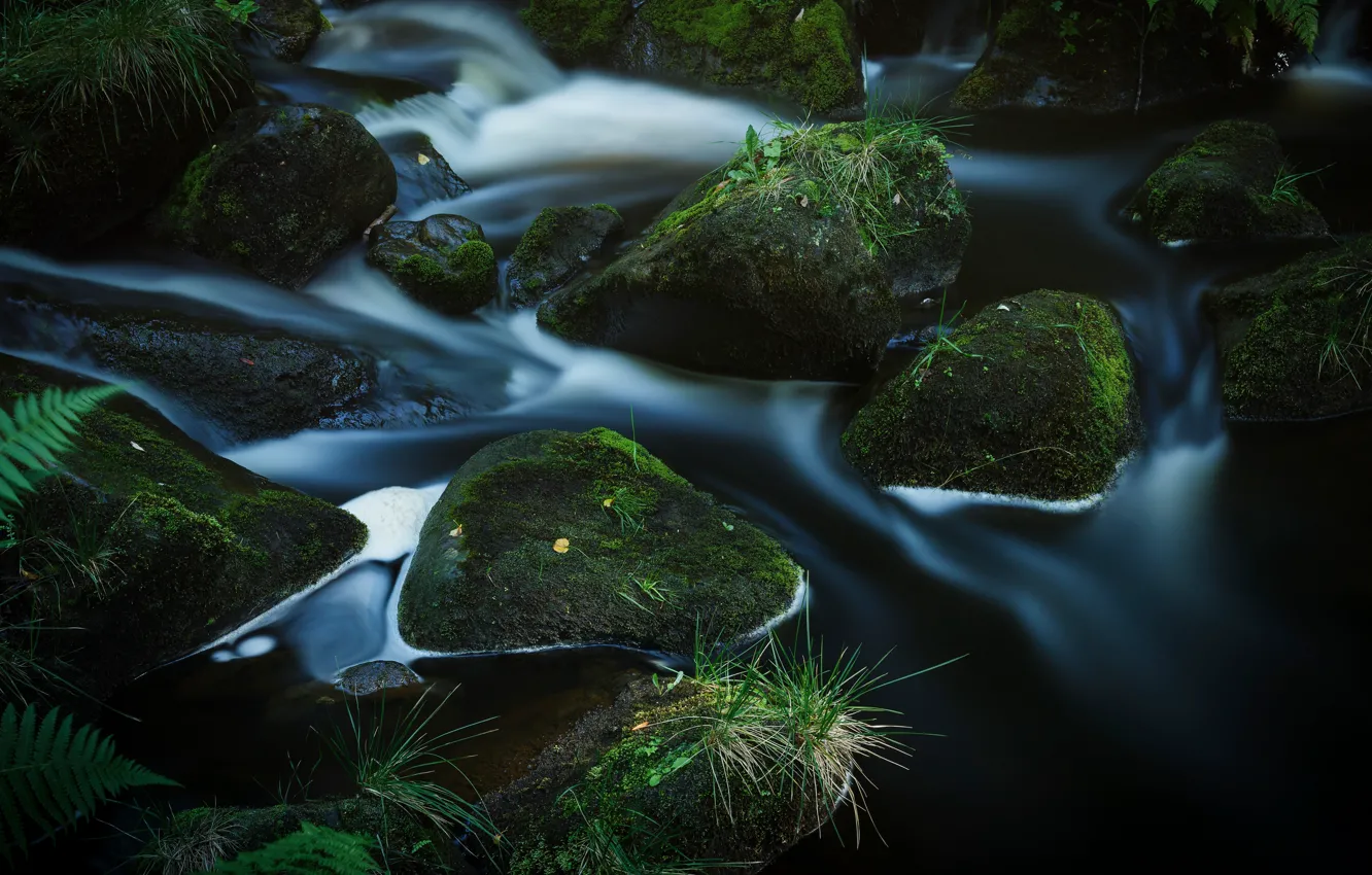 Photo wallpaper water, the dark background, stones, waterfall, stream, boulders