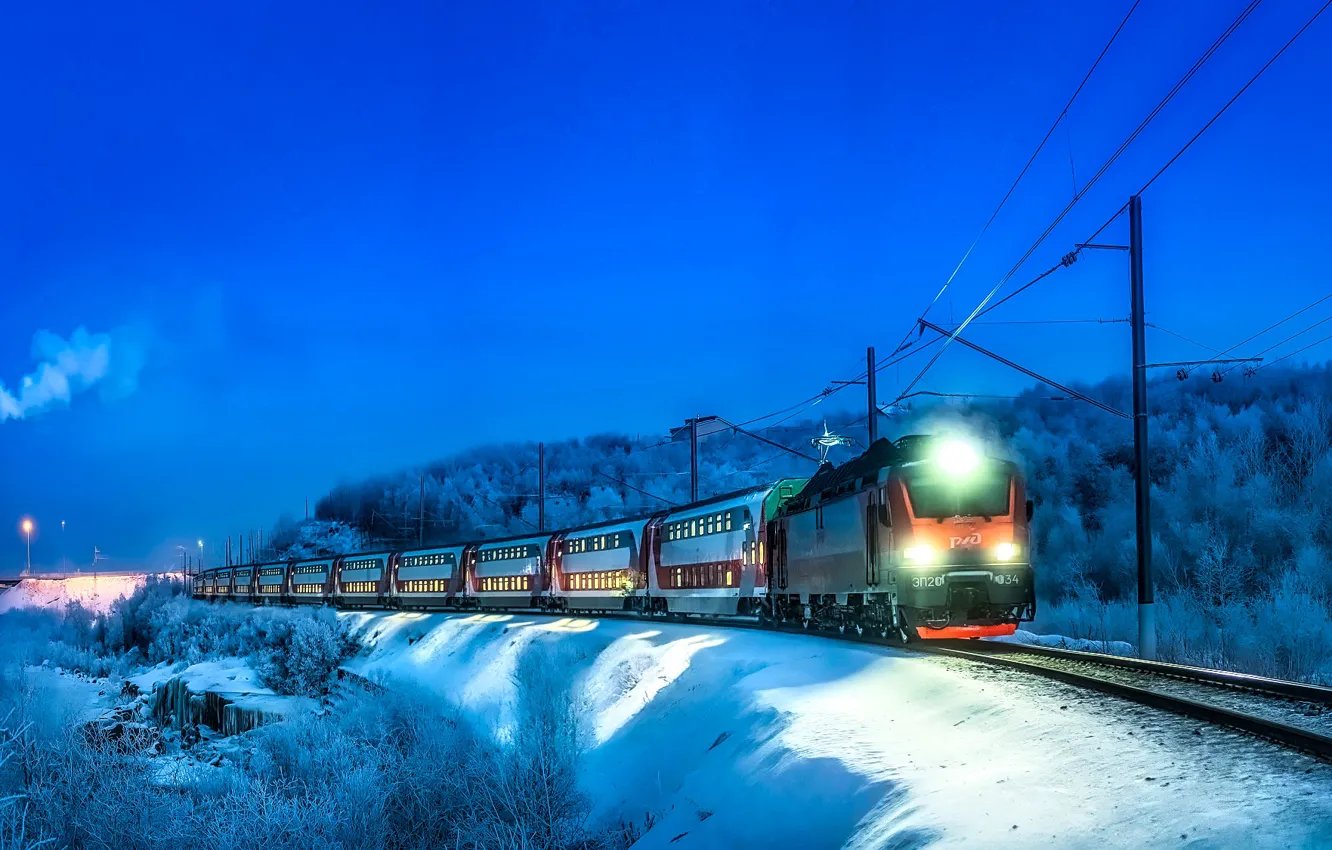 Photo wallpaper lights, clear sky, trees, landscape, photographer, winter, snow, evening, train, railway, locomotive, chimney, wagons, Krylov …