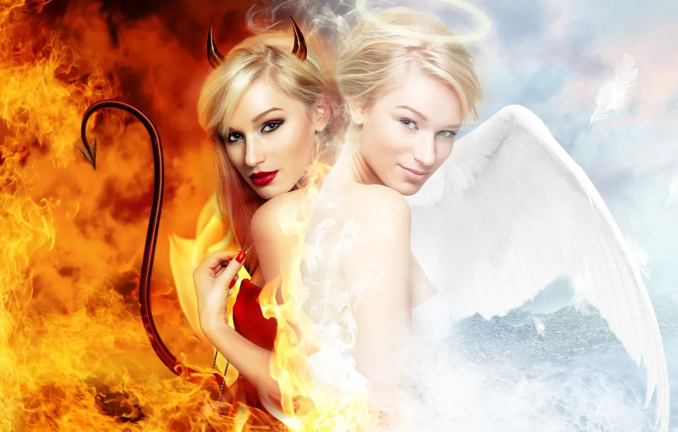 Wallpaper girls, fire, photoshop, angel, the demon, photoart images for  desktop, section фантастика - download