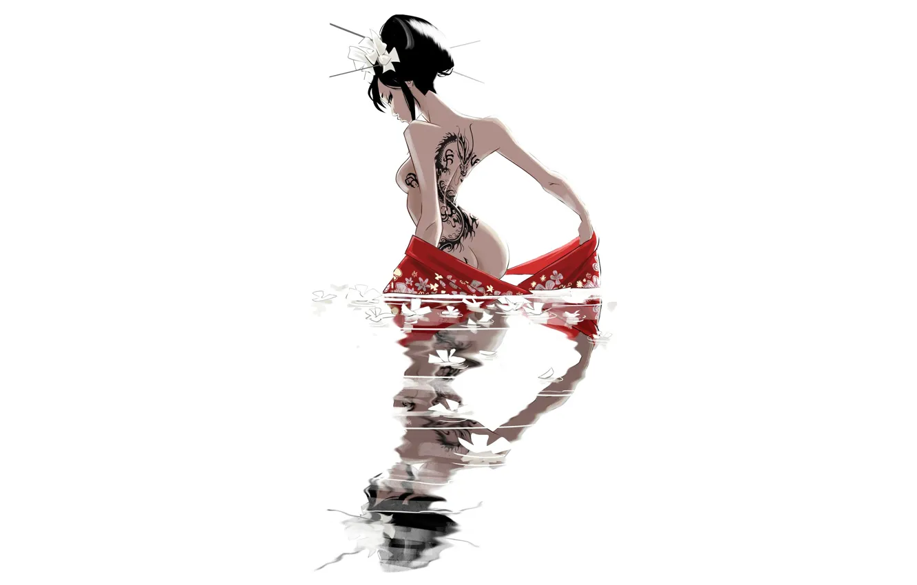 Photo wallpaper Water, Reflection, Girl, Minimalism, Japan, Asian, Japan, Tattoo, Geisha, Japanese, Tattoo, Art, Illustration, Characters, Memoirs …