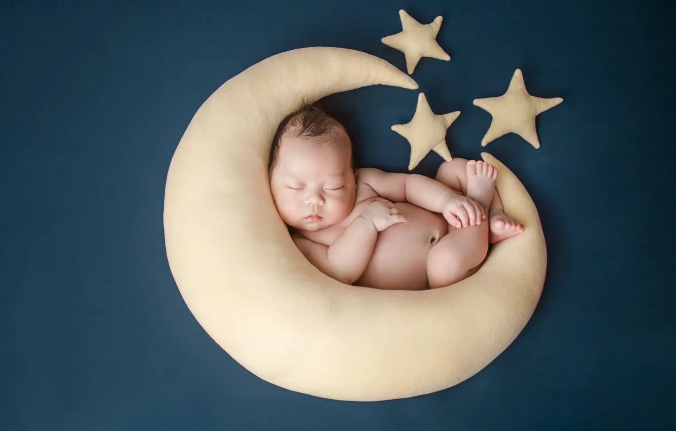 Photo wallpaper stars, pose, background, the moon, child, sleep, a month, baby, sleeping, man, lies, image, blue …