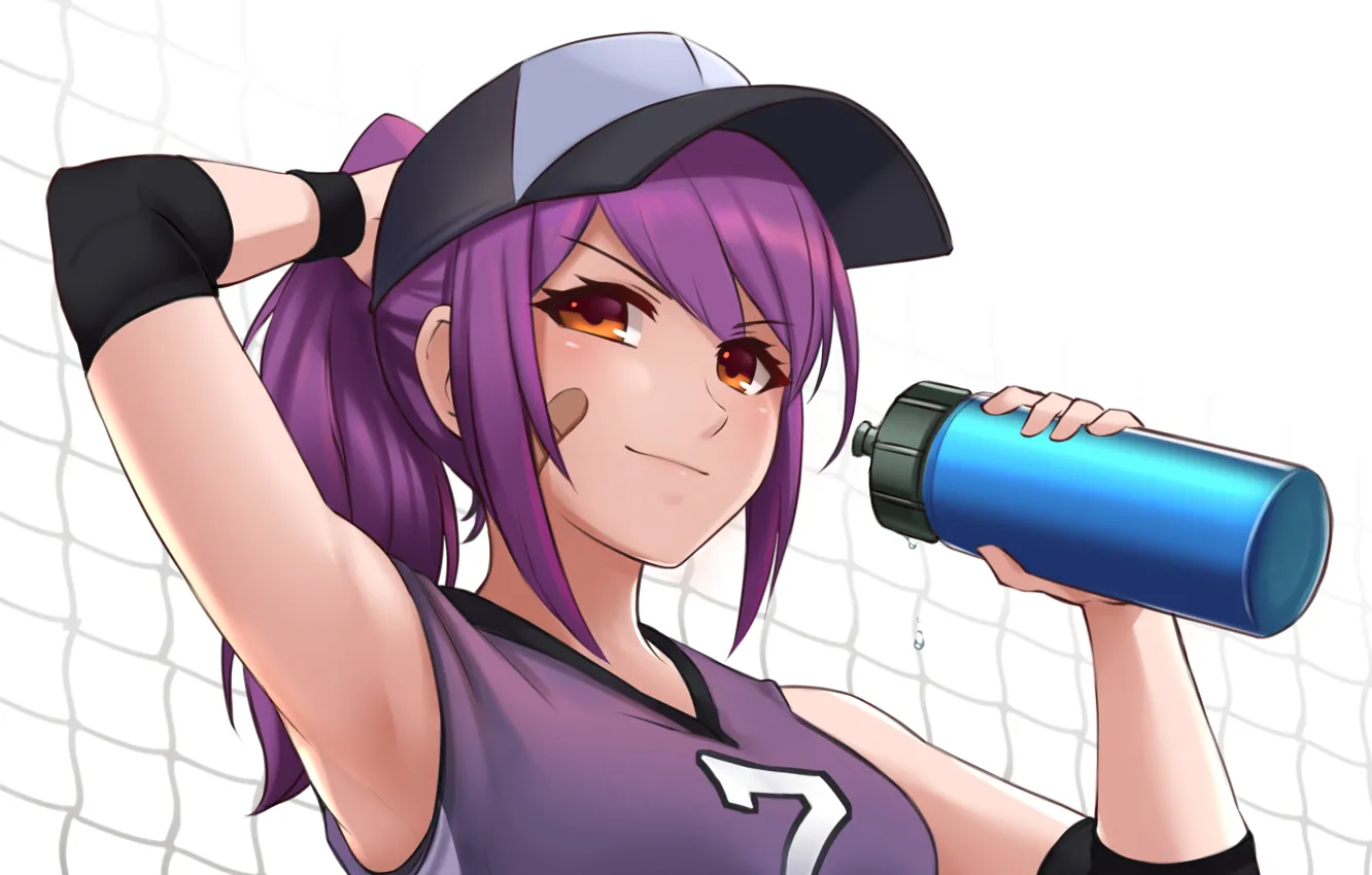 Photo wallpaper Girl, anime, purple hair, net, bonnet, anime girl, water bottle, original characters, sports girl