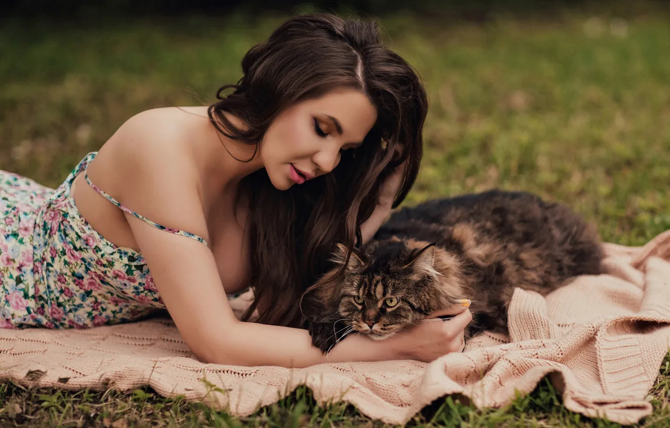 Photo wallpaper cat, cat, girl, pose, hair, plaid, by Анна Конофалова, Зари...