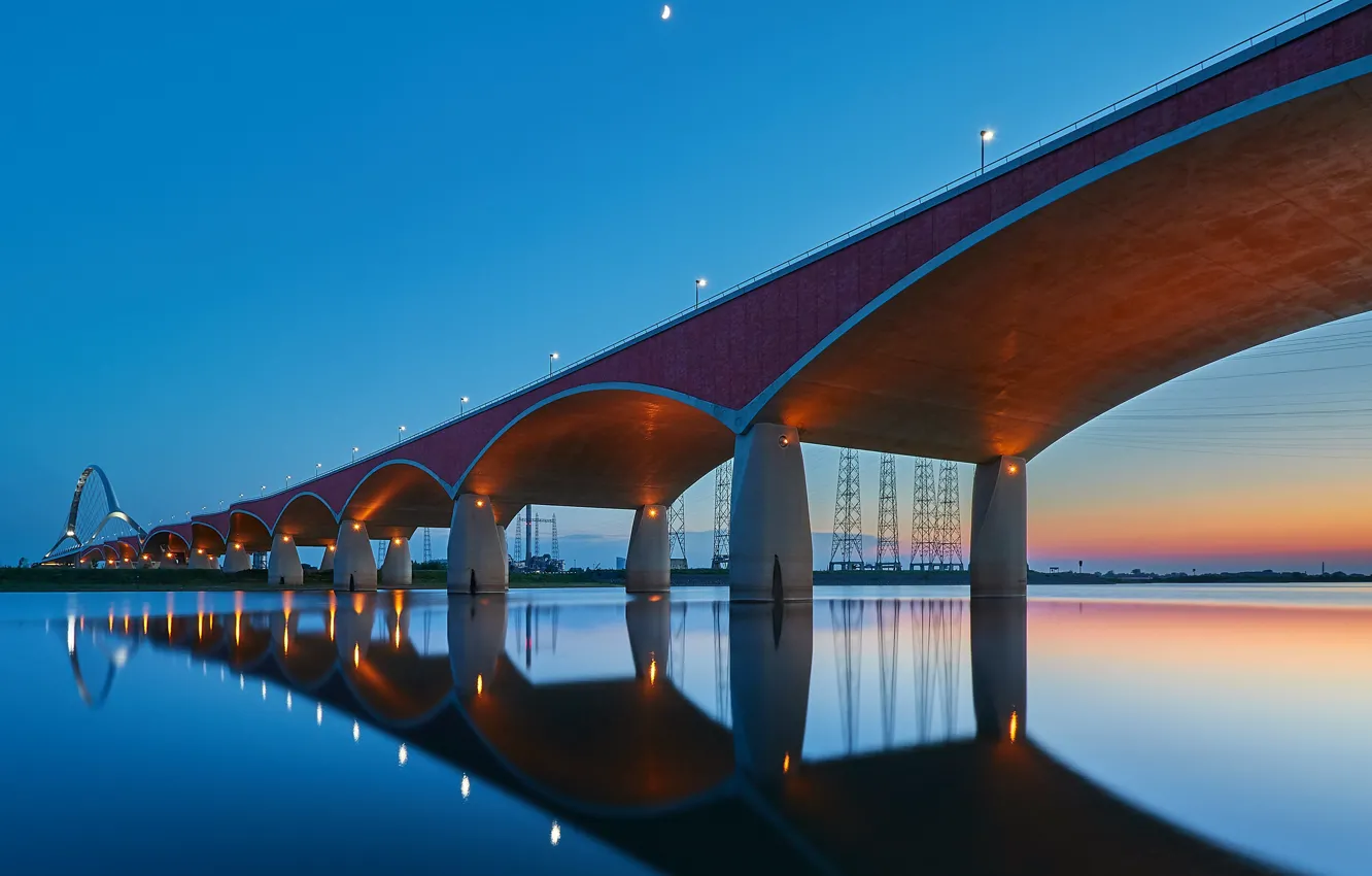 Photo wallpaper bridge, lights, reflection, Netherlands, Holland, Nijmegen