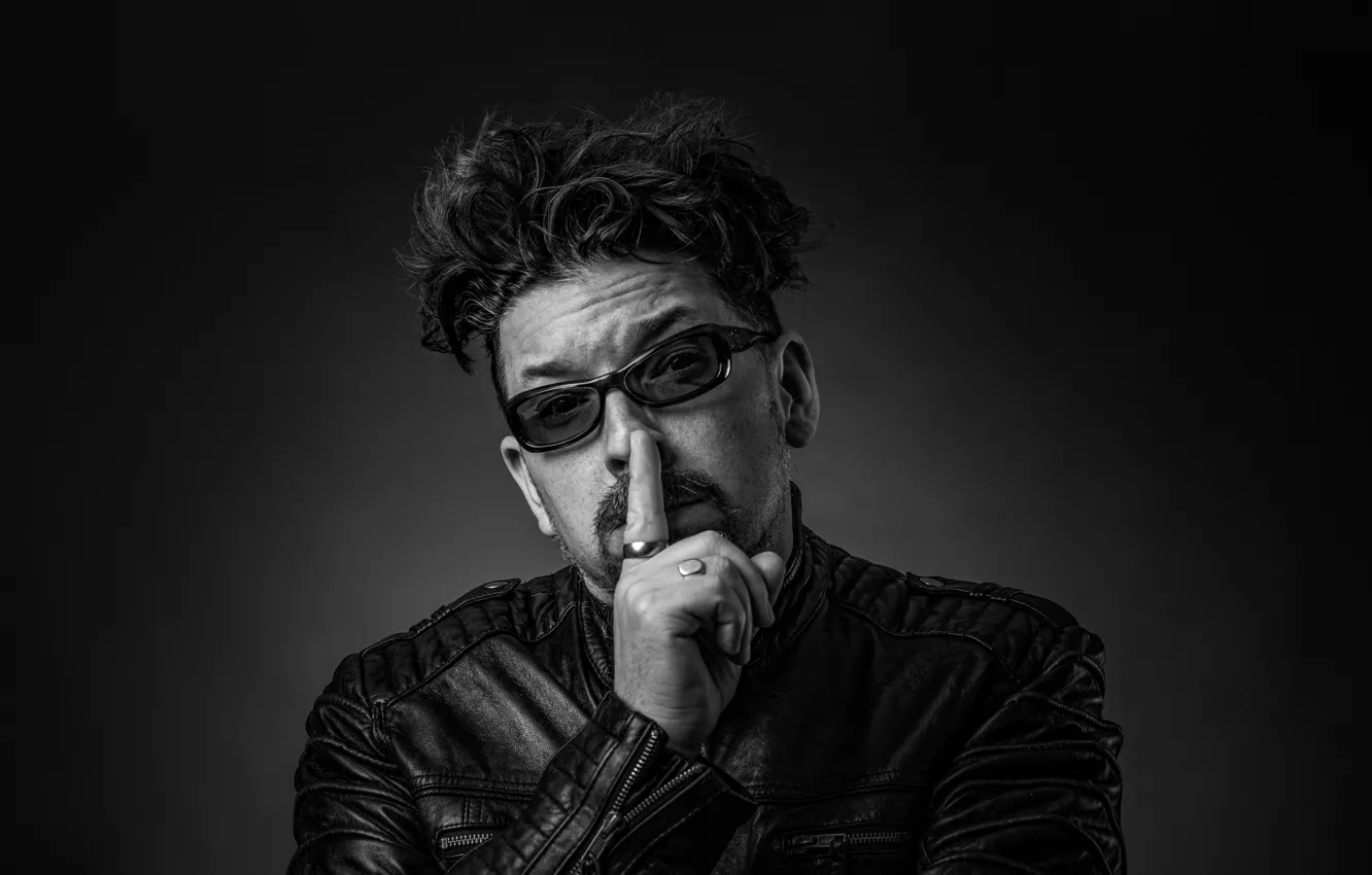 Photo wallpaper mustache, photo, black and white, glasses, jacket, male, gesture