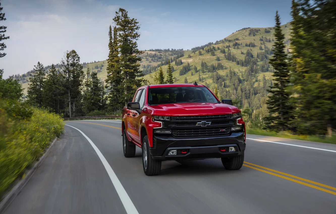 Photo wallpaper red, Chevrolet, pickup, Silverado, Z71, on the road, Trail Boss, 2019, Silverado LT