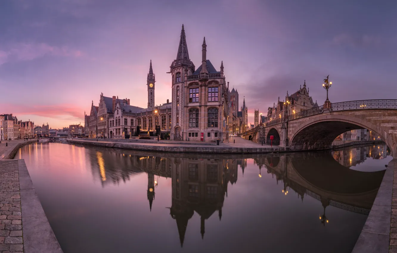 Photo wallpaper bridge, reflection, river, building, home, Belgium, architecture, promenade, Belgium, Ghent, Ghent, The River Leie, Leie …