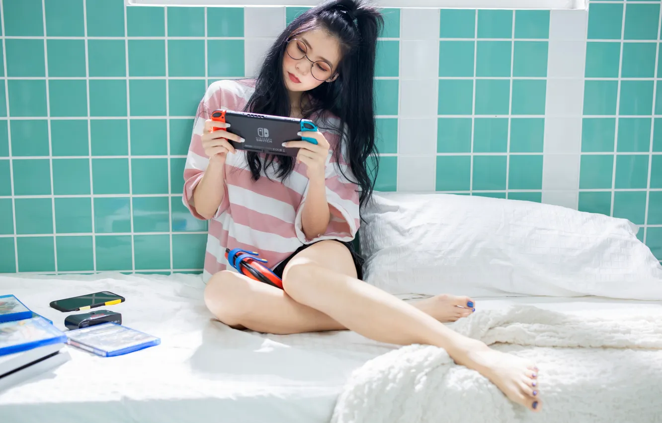 Photo wallpaper girl, brunette, legs, Asian, tablet