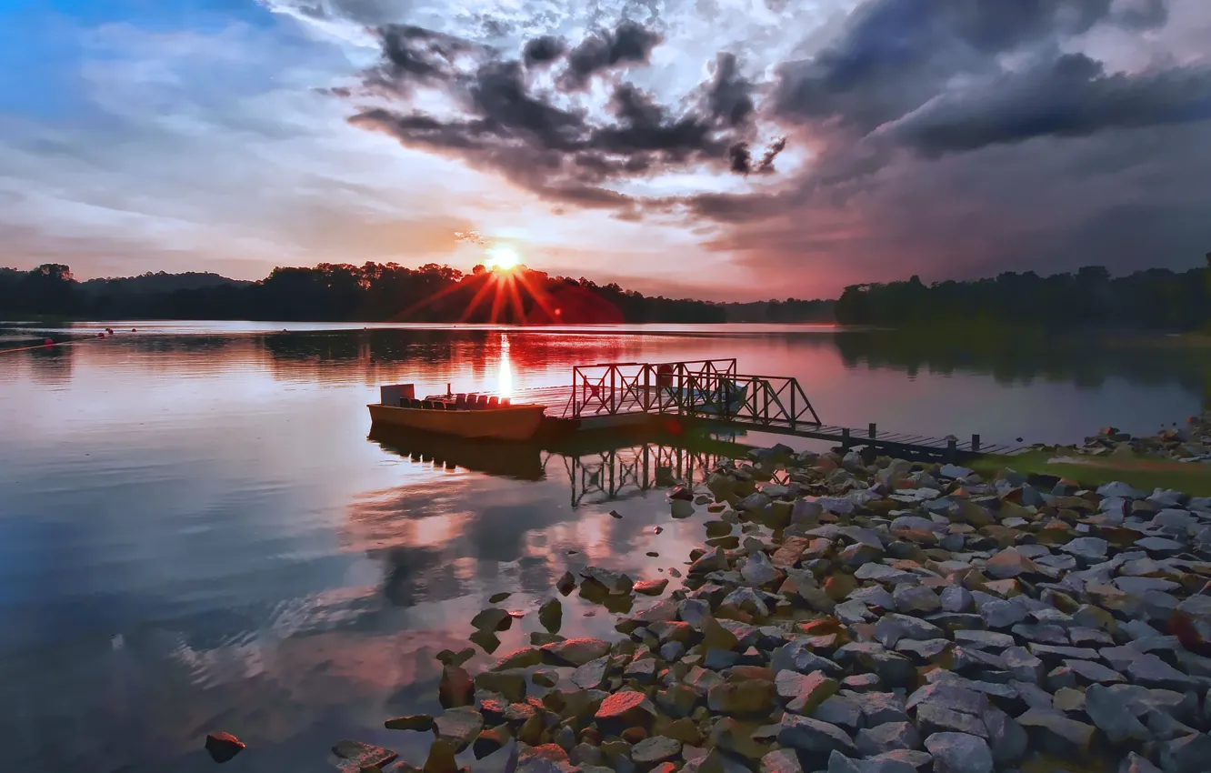 Photo wallpaper sunset, lake, stones, shore, boat, pier