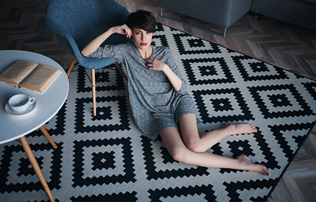 Photo wallpaper look, girl, pose, carpet, chair, on the floor, table, Sergey Fat, Sergey Zhirnov, Eva Reber, …