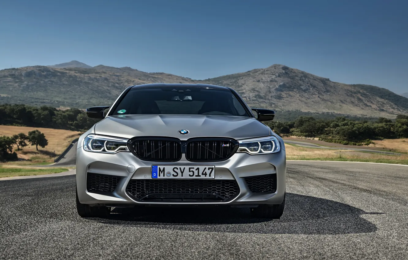 Photo wallpaper grey, BMW, sedan, front view, 4x4, 2018, four-door, M5, V8, F90, M5 Competition