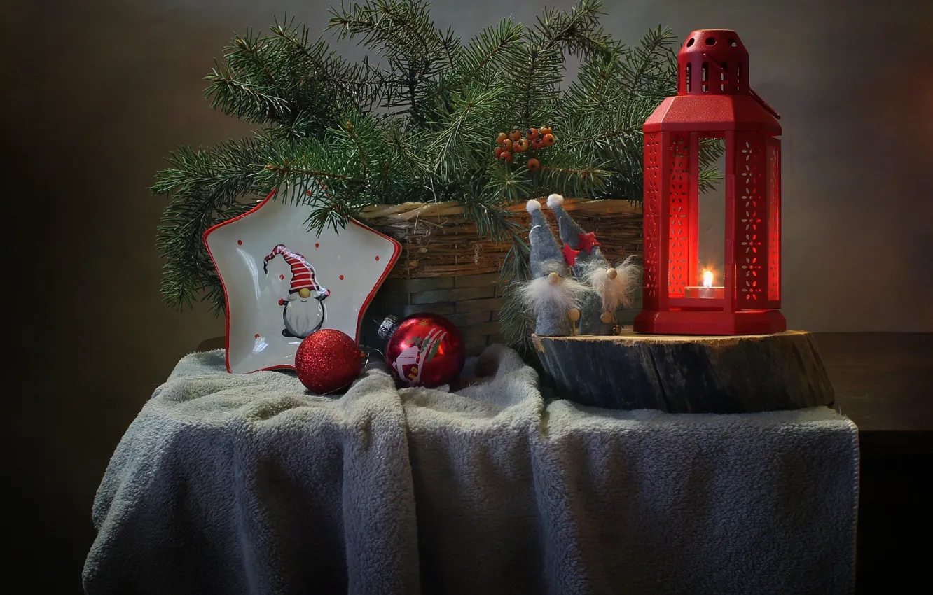 Photo wallpaper branches, table, holiday, toys, new year, spruce, plate, lantern, dwarves, plaid, basket, needles, Kovaleva Svetlana, …