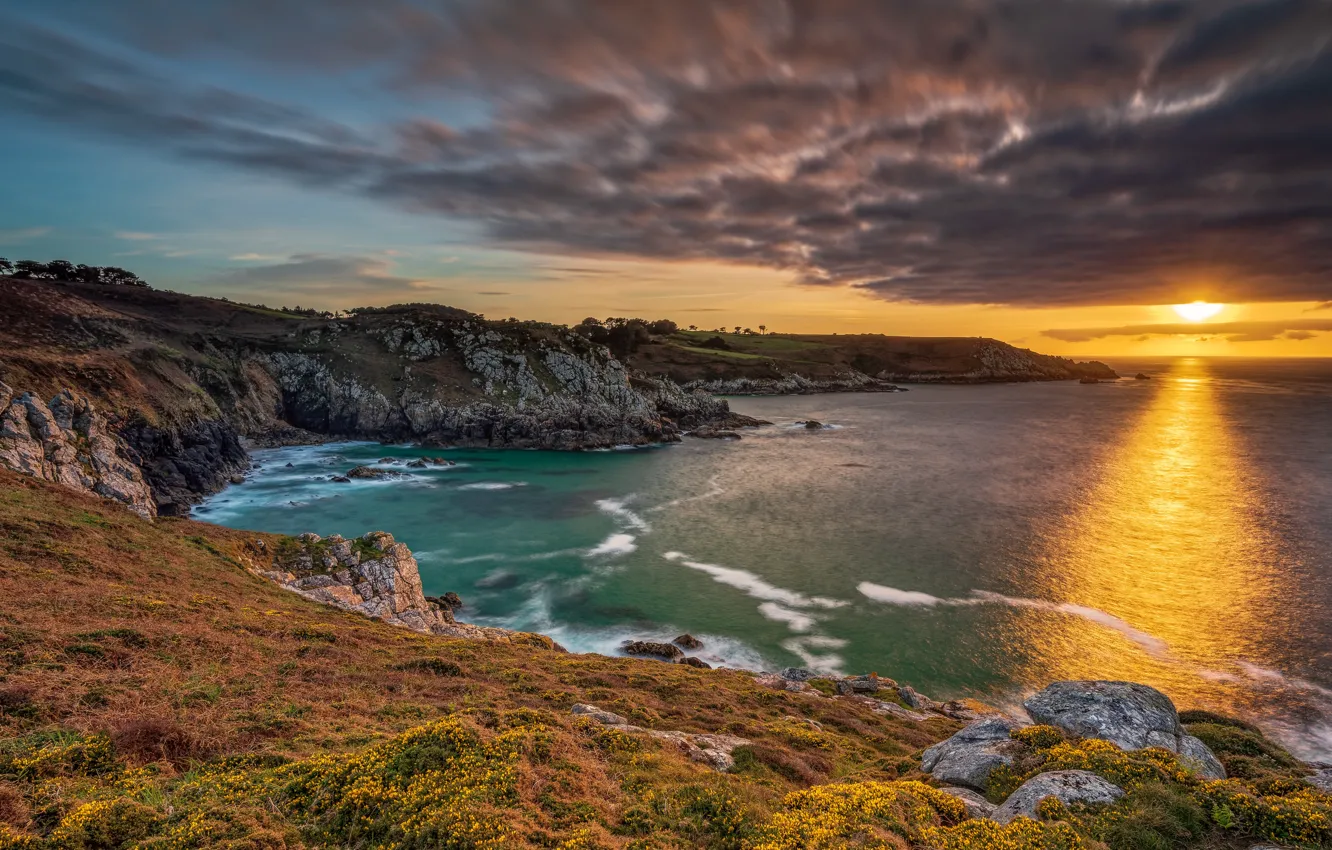 Photo wallpaper sea, landscape, sunset, nature, stones, shore, coast, France, Brittany