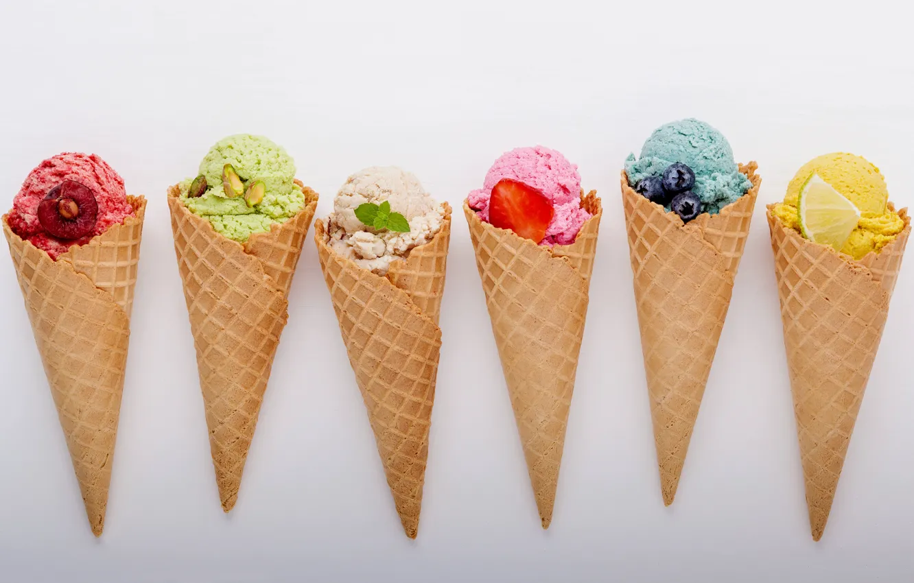 Photo wallpaper berries, colorful, ice cream, fruit, horn, fruit, berries, ice cream, cone