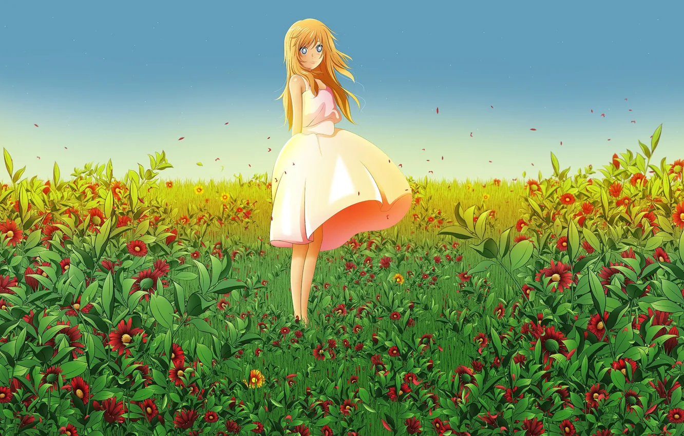 Photo wallpaper summer, bouquet, girl, blue eyes, one, long hair, flower field, sundress, miyazono kaori, your April …